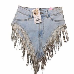 High Waist Denim Shorts with Fringe and Rhinestone Tassels